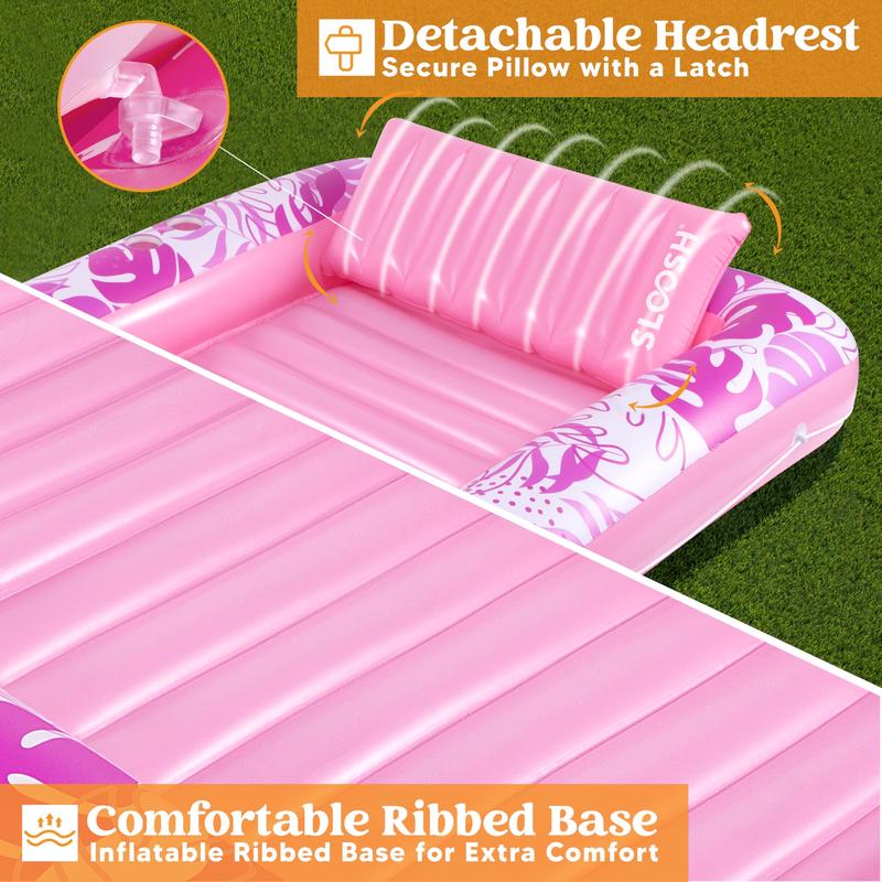 Sloosh-XL Inflatable Tanning Pool Lounge Float With Cup Holder, 85″ x 57″ Extra Large Pool Floats Adult with Pillow, 4 in 1 Suntan Tub Raft Floatie, Sunbathing Bed Lounge for Water Blow Up Kids Ball Pit Party Gifts, inflatable Sofa Summervibes