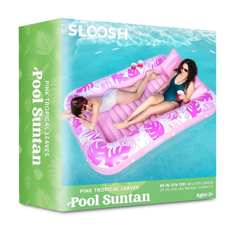 Sloosh-XL Inflatable Tanning Pool Lounge Float With Cup Holder, 85″ x 57″ Extra Large Pool Floats Adult with Pillow, 4 in 1 Suntan Tub Raft Floatie, Sunbathing Bed Lounge for Water Blow Up Kids Ball Pit Party Gifts, inflatable Sofa Summervibes