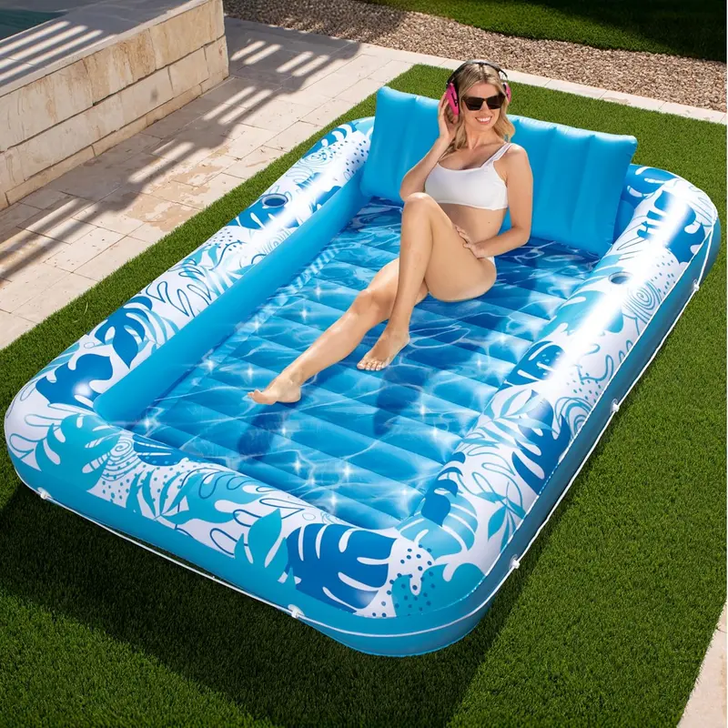 Sloosh-XL Inflatable Tanning Pool Lounge Float With Cup Holder, 85″ x 57″ Extra Large Pool Floats Adult with Pillow, 4 in 1 Suntan Tub Raft Floatie, Sunbathing Bed Lounge for Water Blow Up Kids Ball Pit Party Gifts, inflatable Sofa Summervibes